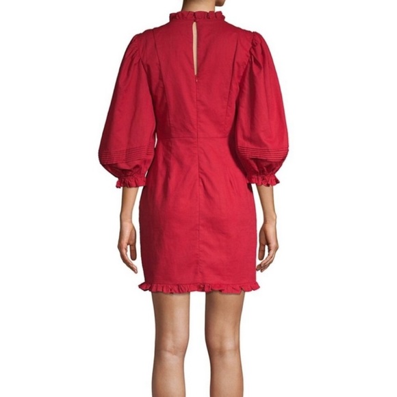 Haute Rogue red linen/cotton mini dress w puffed sleeves - Picture 2 of 10